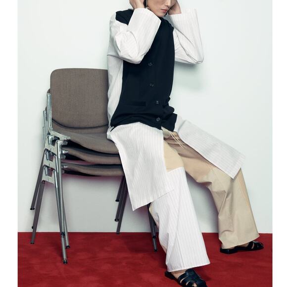 Zara Mixed Poplin Pinstripe Jacket / Long Tunic Shirt in Striped Black/White - Picture 3 of 13